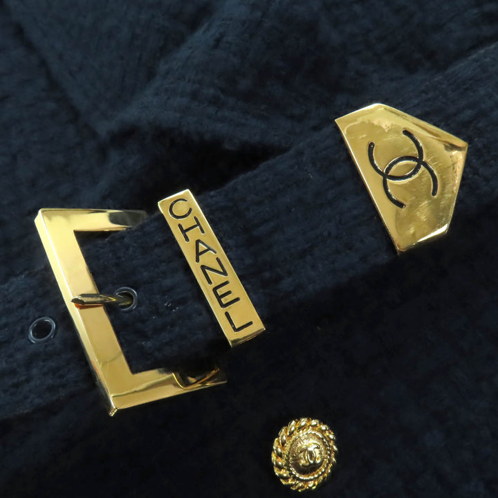 美品◇CHANEL BOUTIQUE シャネルブティック ヴィンテージ ウール 90’s ココマークボタン・ロゴベルト付き ツイード スーツ ネイビー 36