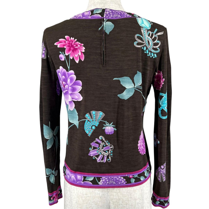 極美品▲LEONARD FASHION レオナール ファッション 389641 ウール シルク 花柄 長袖 カットソー マルチカラー 38 正規品 レディース