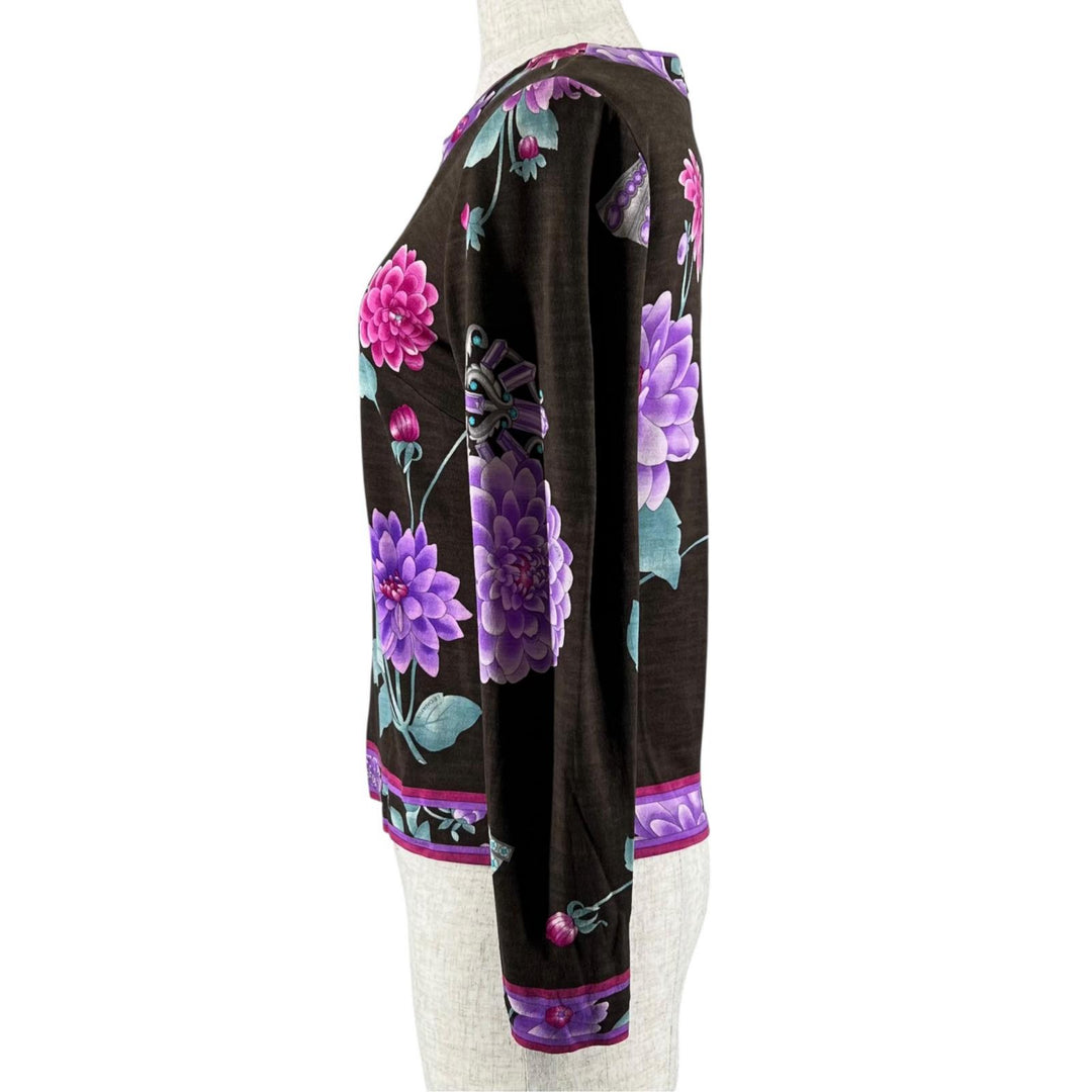 極美品▲LEONARD FASHION レオナール ファッション 389641 ウール シルク 花柄 長袖 カットソー マルチカラー 38 正規品 レディース