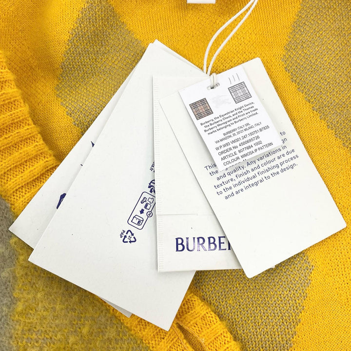 未使用品▲BURBERRY バーバリー 8077684 ウール100% アーガイル ジャガード カーディガン イエロー グレー M 伊製 正規品 レディース
