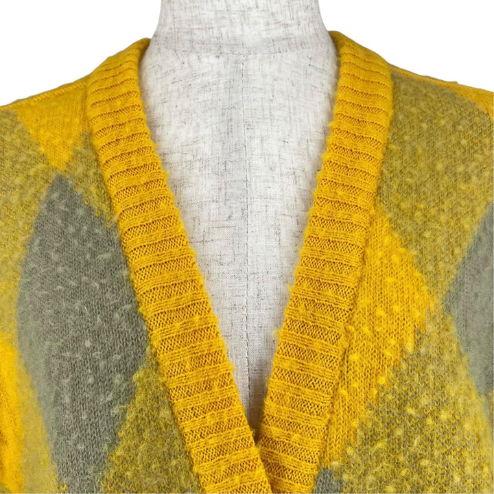 未使用品▲BURBERRY バーバリー 8077684 ウール100% アーガイル ジャガード カーディガン イエロー グレー M 伊製 正規品 レディース