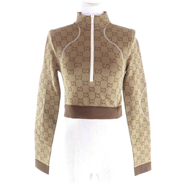 未使用品★GUCCI グッチ 715524 GG柄 ハーフZIP 長袖 クロップド トップス ブラウン S イタリア製 正規品 レディース
