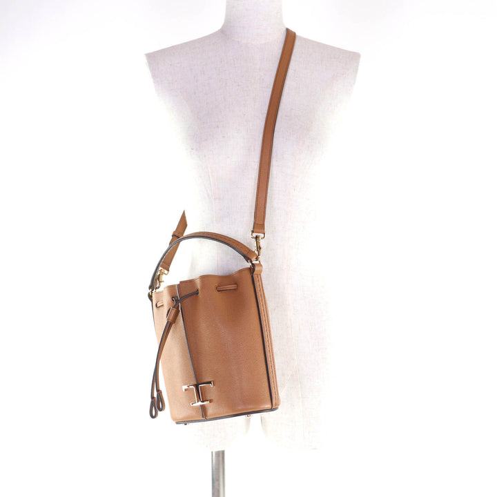 極美品★TOD’S トッズ XBWTSAQ0000Q8ES410 TOD’S TSA SECCHIELLO MICRO Tタイムレス レザー 2WAY バケットバッグ ブラウン 箱・袋付