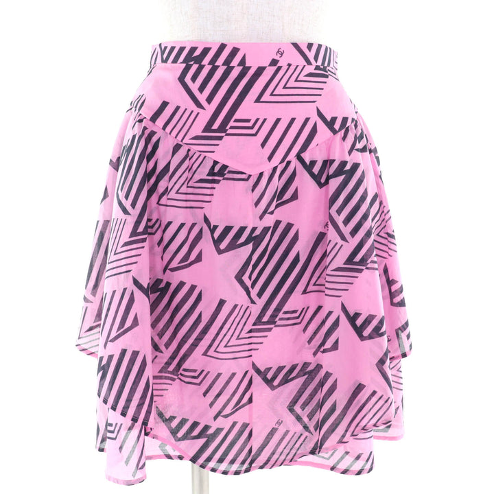 極美品△CHANEL シャネル 2023年製 P74305 コットン100％ ココマーク柄 総柄 フレア ミニスカート ピンク ブラック 34 袋付 伊製 正規品