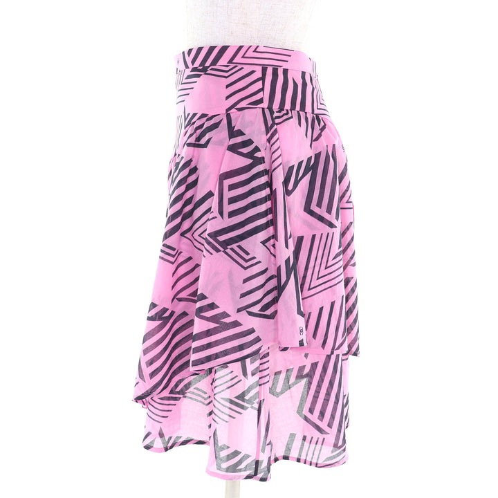 極美品△CHANEL シャネル 2023年製 P74305 コットン100％ ココマーク柄 総柄 フレア ミニスカート ピンク ブラック 34 袋付 伊製 正規品