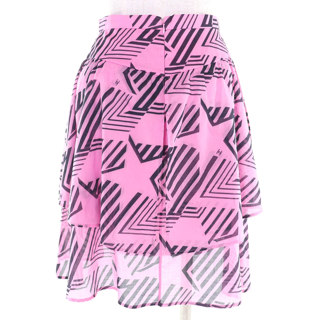 極美品△CHANEL シャネル 2023年製 P74305 コットン100％ ココマーク柄 総柄 フレア ミニスカート ピンク ブラック 34 袋付 伊製 正規品