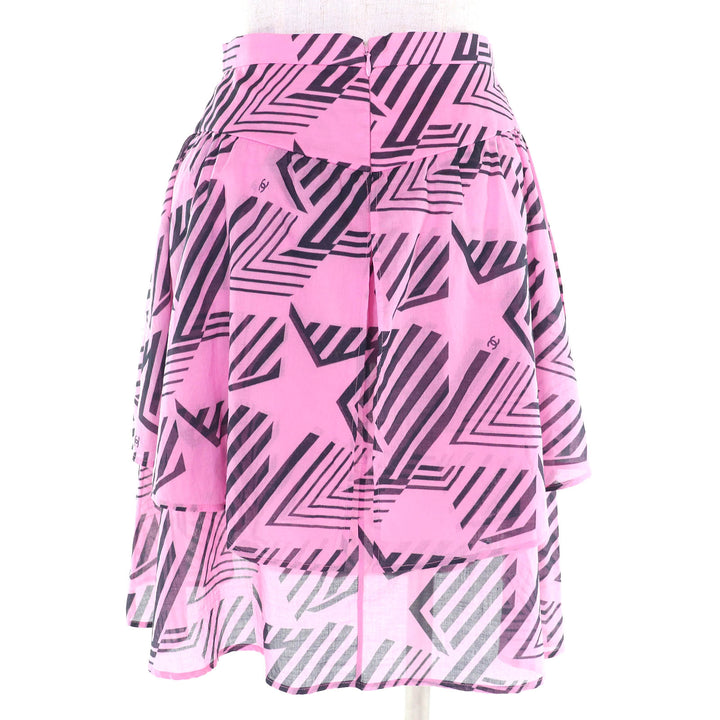極美品△CHANEL シャネル 2023年製 P74305 コットン100％ ココマーク柄 総柄 フレア ミニスカート ピンク ブラック 34 袋付 伊製 正規品