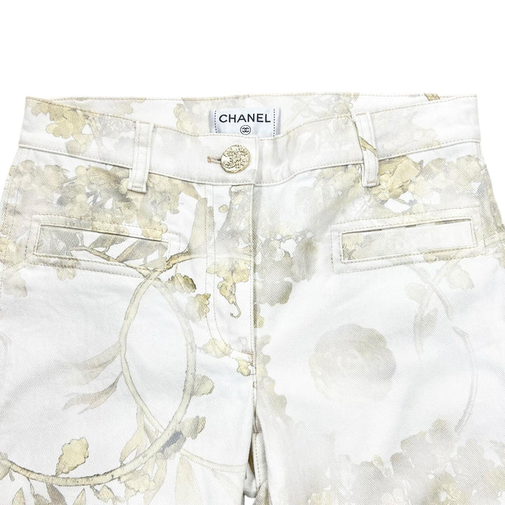 極美品▲CHANEL シャネル P57940 コットン ロゴボタン 花柄 フラワーデザイン パンツ アイボリー 34 イタリア製 正規品 レディース
