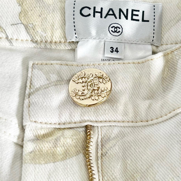 極美品▲CHANEL シャネル P57940 コットン ロゴボタン 花柄 フラワーデザイン パンツ アイボリー 34 イタリア製 正規品 レディース