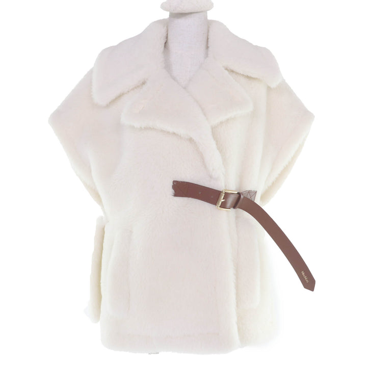 極美品☆Max Mara マックスマーラ 2024年製 24247363026 テディベアコート アルパカ シルク混 レザー使い ホワイト SM 伊製 正規品