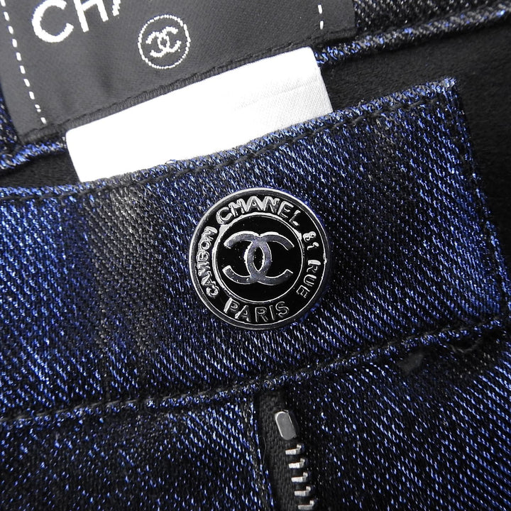 極美品▲CHANEL シャネル P50219 コットン ココマークボタン付 光沢 スキニーパンツ ブルー ブラック 34 イタリア製 正規品 レディース