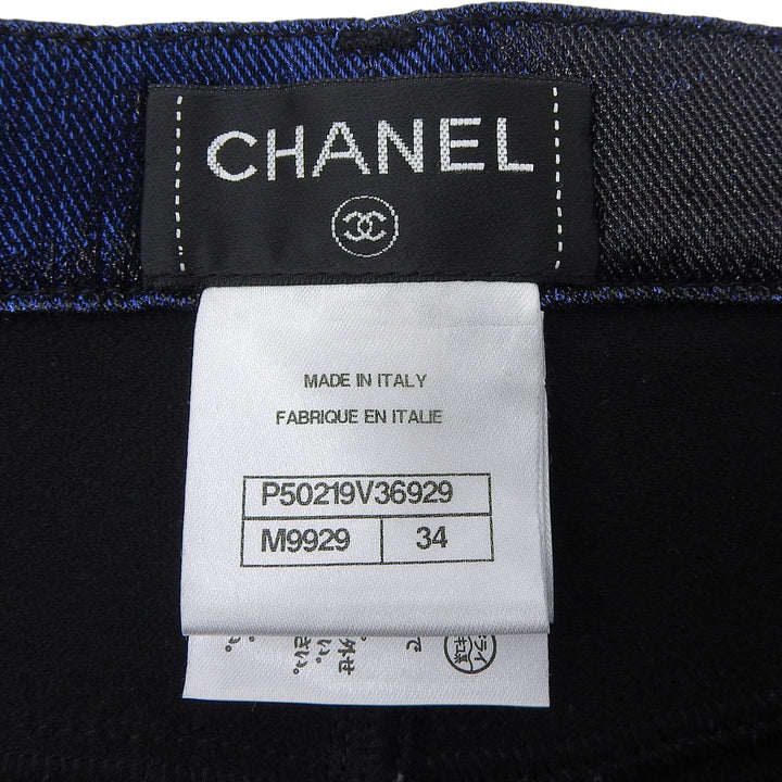 極美品▲CHANEL シャネル P50219 コットン ココマークボタン付 光沢 スキニーパンツ ブルー ブラック 34 イタリア製 正規品 レディース