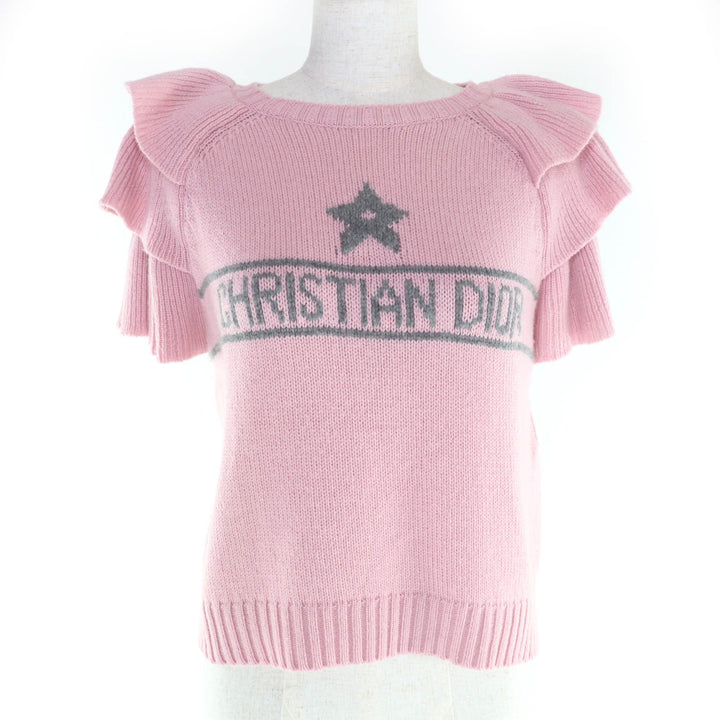 極美品★Christian Dior クリスチャンディオール 344S13BM003 カシミヤ100％ ロゴデザイン 袖フリル 半袖ニット ピンク 42 伊製 正規品