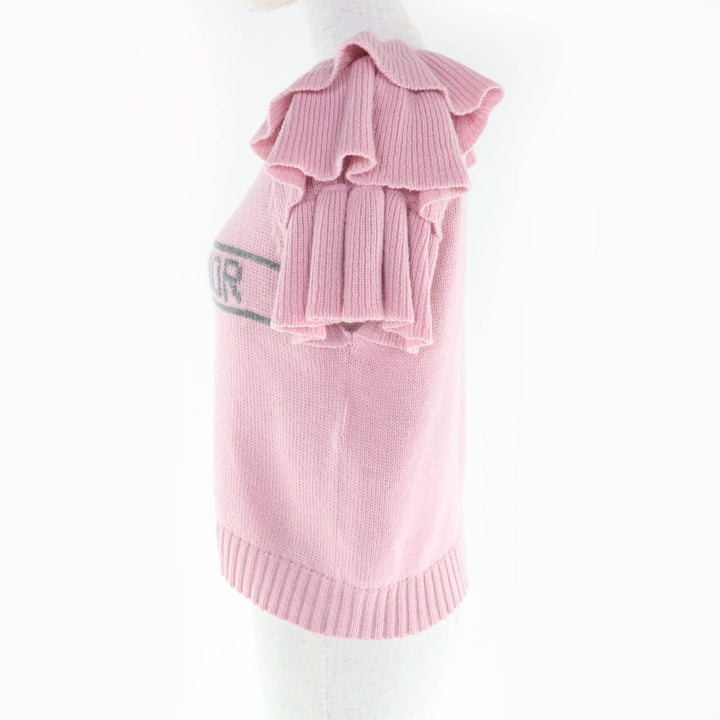 極美品★Christian Dior クリスチャンディオール 344S13BM003 カシミヤ100％ ロゴデザイン 袖フリル 半袖ニット ピンク 42 伊製 正規品