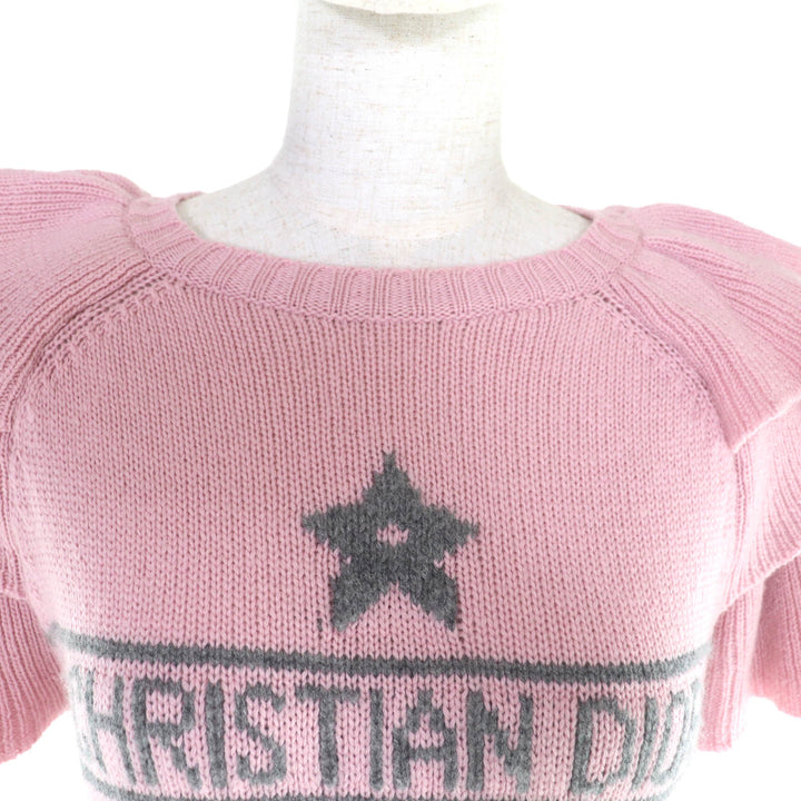 極美品★Christian Dior クリスチャンディオール 344S13BM003 カシミヤ100％ ロゴデザイン 袖フリル 半袖ニット ピンク 42 伊製 正規品