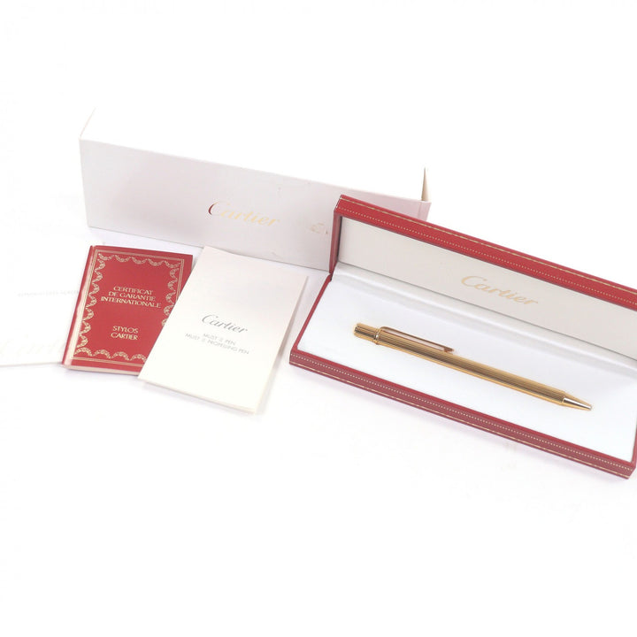 極美品□Cartier カルティエ マスト ドゥ カルティエ ストライプ柄 ボールペン ゴールド 箱・ケース付き フランス製 メンズ 筆記確認済み