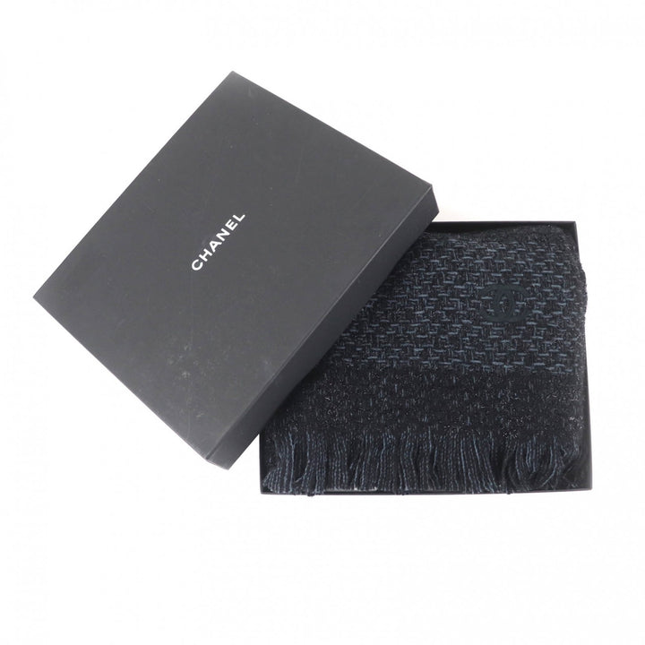 極美品★CHANEL シャネル カシミヤ混 ココマーク刺繍入り ラメ フリンジ付 大判 ストール ショール ブラック ブルー 箱付き 伊製 正規品