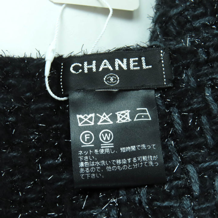 極美品★CHANEL シャネル カシミヤ混 ココマーク刺繍入り ラメ フリンジ付 大判 ストール ショール ブラック ブルー 箱付き 伊製 正規品