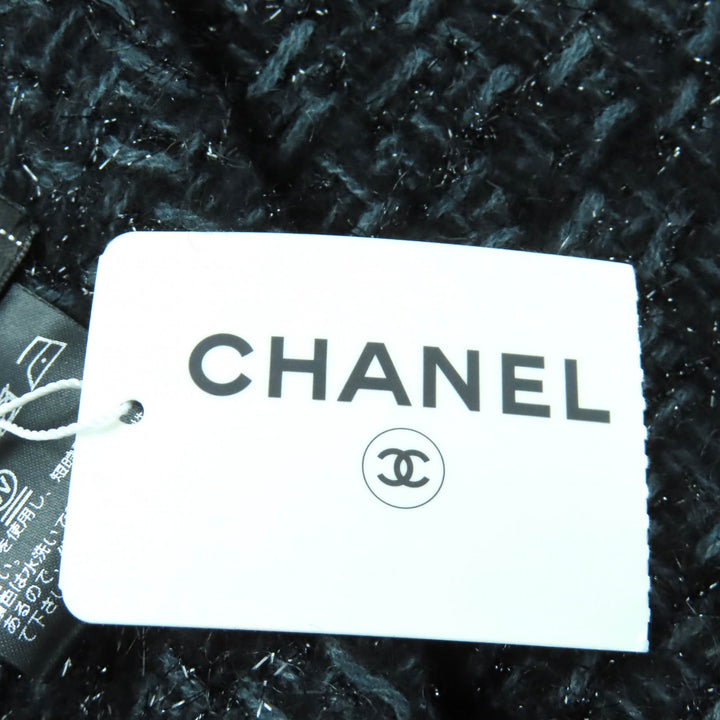 極美品★CHANEL シャネル カシミヤ混 ココマーク刺繍入り ラメ フリンジ付 大判 ストール ショール ブラック ブルー 箱付き 伊製 正規品