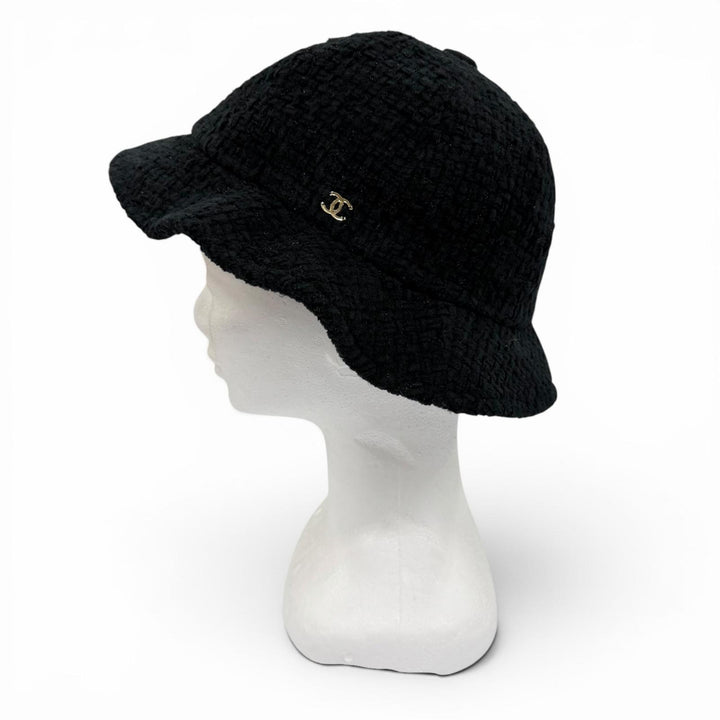 美品☆CHANEL シャネル 22B AA8560 コットン ウール ココマーク ツイード ハット ブラック ゴールド金具 M イタリア製 正規品 レディース