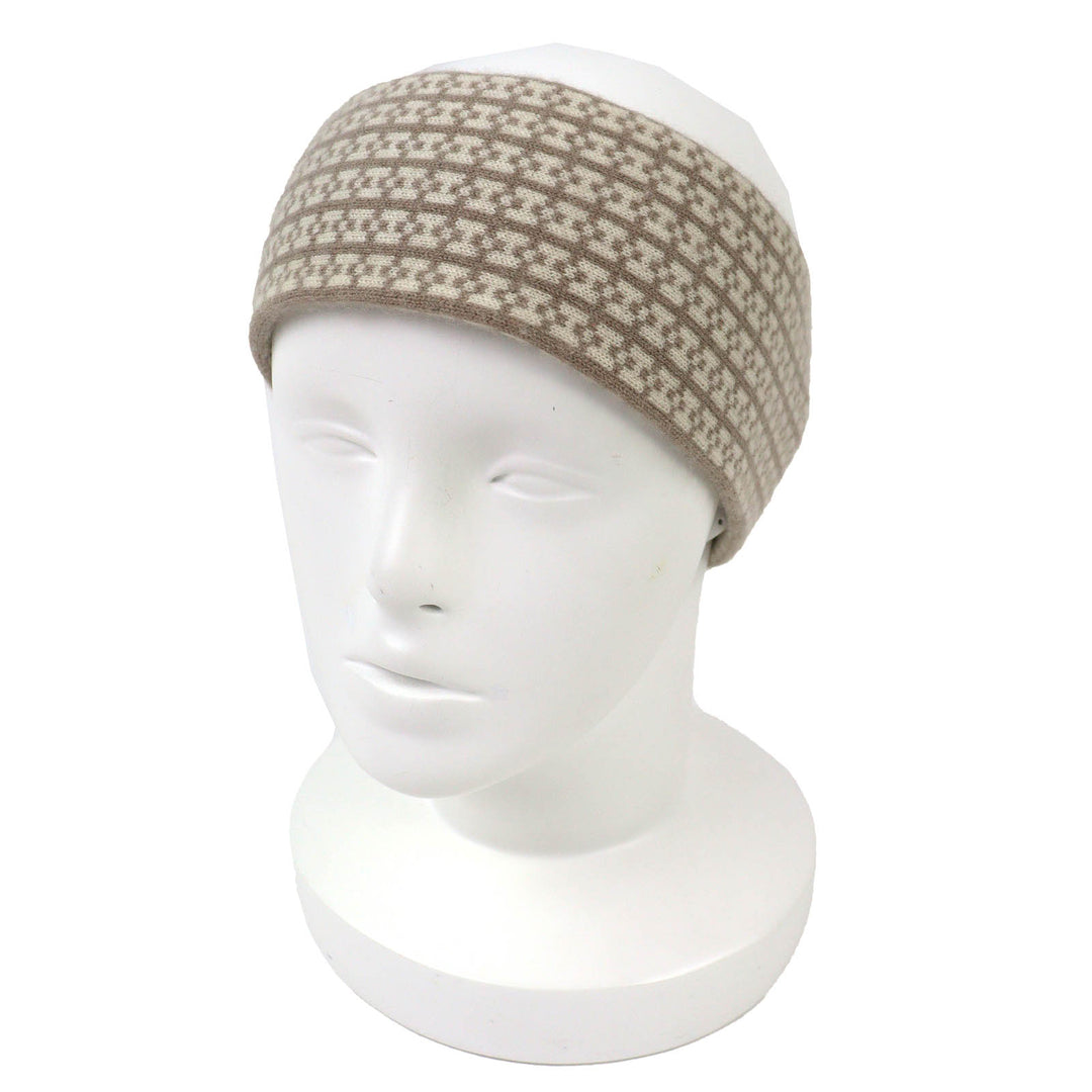 極美品△HERMES エルメス ジョヴァンナ カシミヤ100％ エトゥープ エクリュ Hロゴ ニット ヘアバンド ヘッドバンド ヘアアクセサリー M