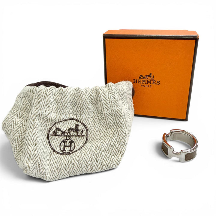 未使用品△HERMES エルメス オランプ リング 指輪 レザー エトゥープ シルバー金具 M （JP14号） フランス製 レディース 箱・保存袋付き