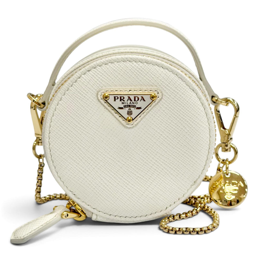 美品△PRADA プラダ 1NR023 サフィアーノレザー トライアングルロゴ チェーンショルダー ラウンド ミニ ポーチ ホワイト ゴールド金具