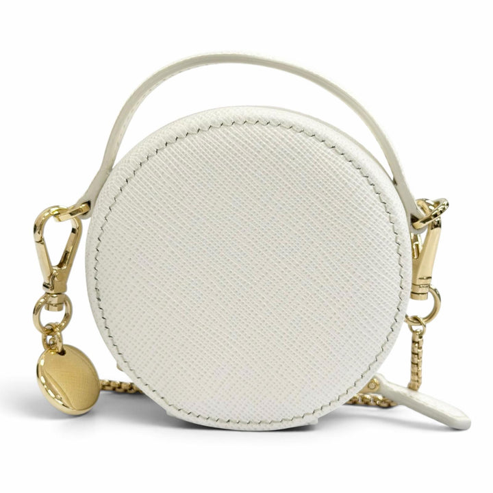 美品△PRADA プラダ 1NR023 サフィアーノレザー トライアングルロゴ チェーンショルダー ラウンド ミニ ポーチ ホワイト ゴールド金具