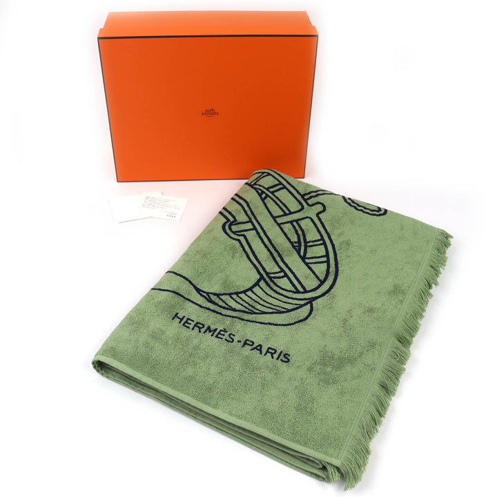 未使用品△HERMES エルメス HTH2501 ヨッティング プラージュ テレサ コットン100％ フリンジ ブランケット タオルケット グリーン 箱付