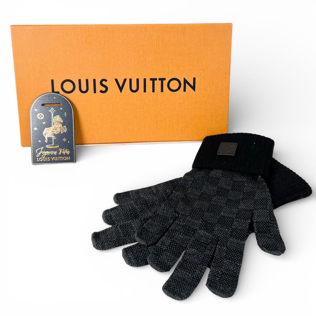 極美品▲LOUIS VUITTON ルイヴィトン 2024年製 M77992 ウール100% ネオ プティダミエ 手袋 グローブ ブラック S 箱付 伊製 正規品 メンズ