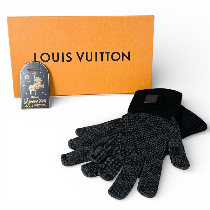 極美品▲LOUIS VUITTON ルイヴィトン 2024年製 M77992 ウール100% ネオ プティダミエ 手袋 グローブ ブラック S 箱付 伊製 正規品 メンズ