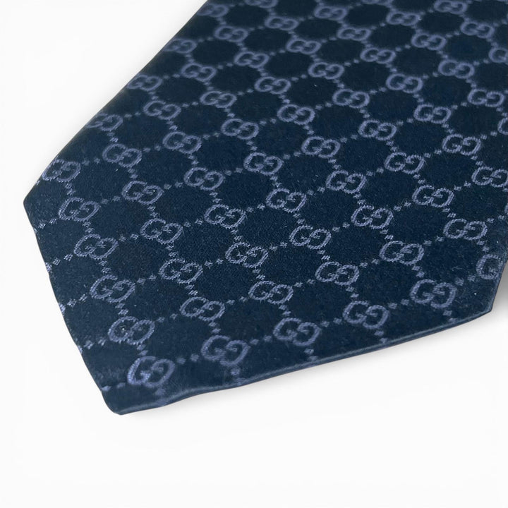 極美品▲GUCCI グッチ 22AW 456520 TIE FEDRA GG柄 シルク100％ ネクタイ ネイビー イタリア製 正規品 メンズ ビジネス◎