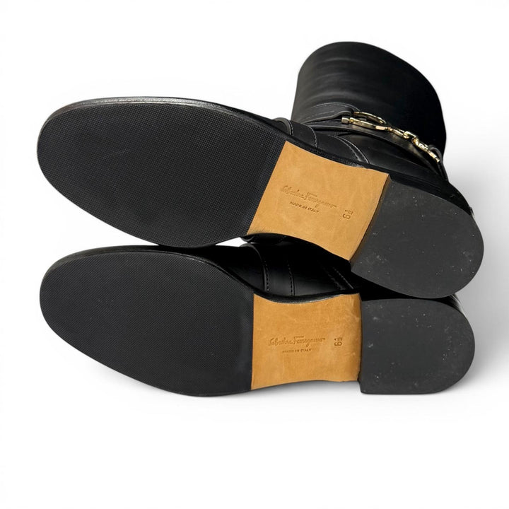 美品★Salvatore Ferragamo サルヴァトーレフェラガモ ダブルガンチーニ レザー ロングブーツ ブラック ゴールド金具 6.5 伊製