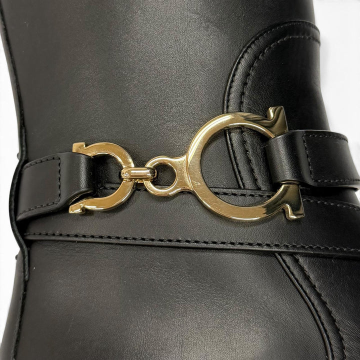 美品★Salvatore Ferragamo サルヴァトーレフェラガモ ダブルガンチーニ レザー ロングブーツ ブラック ゴールド金具 6.5 伊製