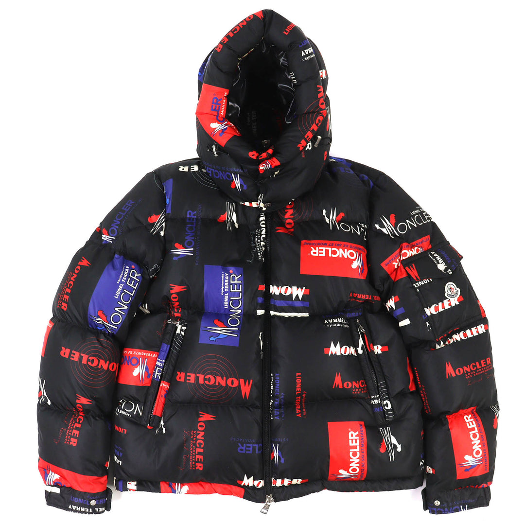 美品△MONCLER モンクレール WILSON ウィルソン ロゴプリント ロゴワッペン フード付 ダウンジャケット ブラック レッド ブルー 3 正規品