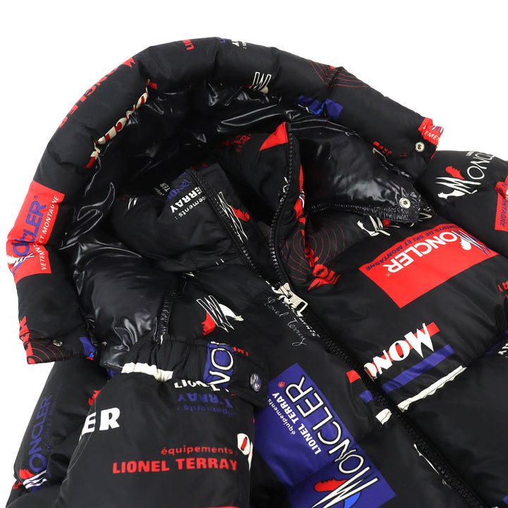 美品△MONCLER モンクレール WILSON ウィルソン ロゴプリント ロゴワッペン フード付 ダウンジャケット ブラック レッド ブルー 3 正規品