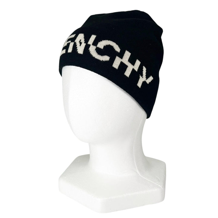 未使用品▲GIVENCHY ジバンシィ ウール100％ ロゴデザイン ニットキャップ ビーニー 帽子 ブラック ホワイト イタリア製 正規品 メンズ