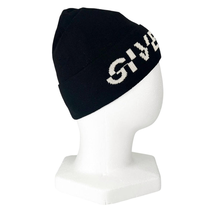 未使用品▲GIVENCHY ジバンシィ ウール100％ ロゴデザイン ニットキャップ ビーニー 帽子 ブラック ホワイト イタリア製 正規品 メンズ