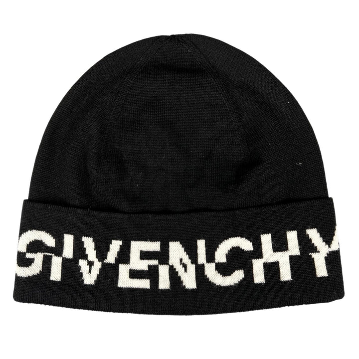 未使用品▲GIVENCHY ジバンシィ ウール100％ ロゴデザイン ニットキャップ ビーニー 帽子 ブラック ホワイト イタリア製 正規品 メンズ