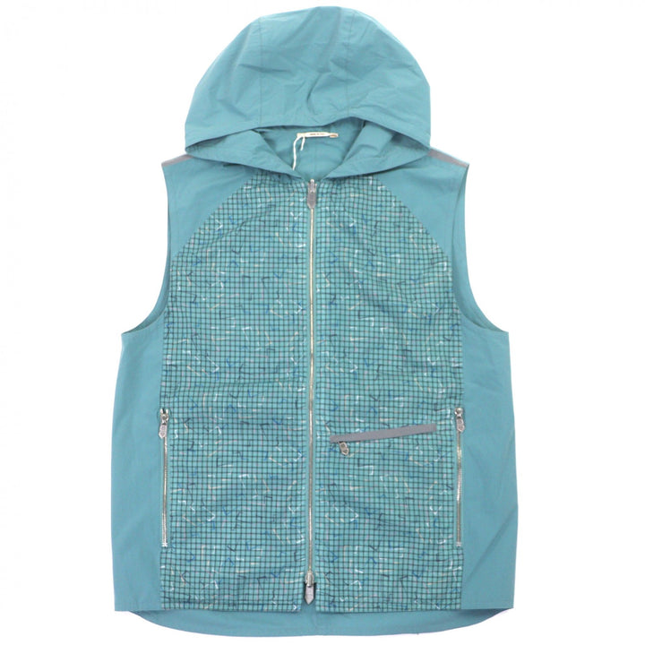 未使用品▼HERMES エルメス Hロゴ チェック柄 フーデッド ダブルジップアップ リバーシブル ジレ ベスト グリーン 46 イタリア製 メンズ
