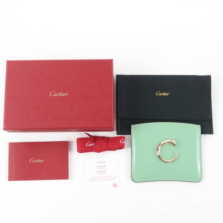 未使用品☆Cartier カルティエ カード ホルダー パンテール C グレインドカーフスキン セージグリーン カードケース ゴールド金具 伊製