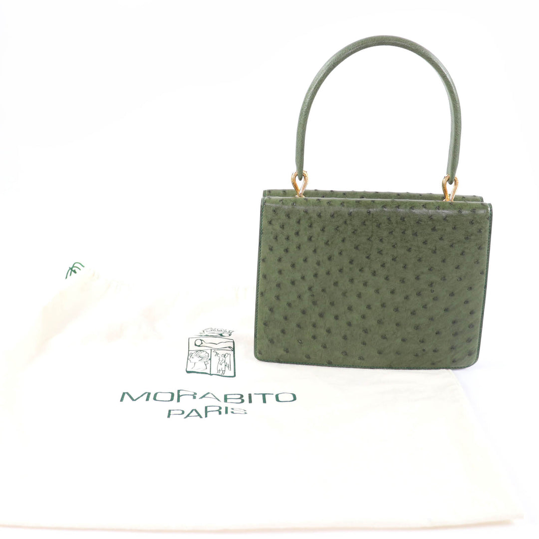 美品☆MORABITO モラビト オーストリッチ ヴァンドーム ハンドバッグ グリーン ゴールド金具 保存袋付き フランス製 レディース