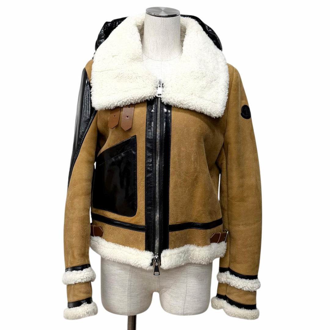良品★MONCLER モンクレール レザーロゴワッペン ダウン切り替え ムートン ライダースジャケット ブラウン ブラック 1 正規品 レディース