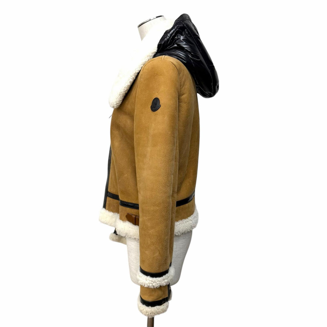 良品★MONCLER モンクレール レザーロゴワッペン ダウン切り替え ムートン ライダースジャケット ブラウン ブラック 1 正規品 レディース