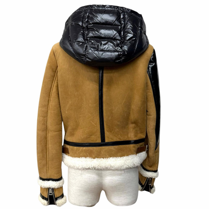 良品★MONCLER モンクレール レザーロゴワッペン ダウン切り替え ムートン ライダースジャケット ブラウン ブラック 1 正規品 レディース
