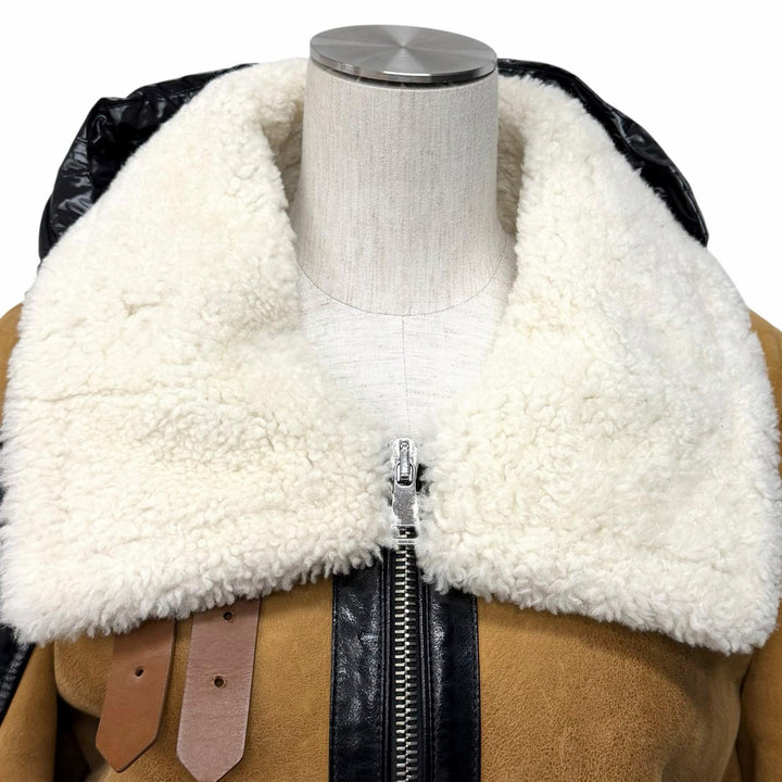良品★MONCLER モンクレール レザーロゴワッペン ダウン切り替え ムートン ライダースジャケット ブラウン ブラック 1 正規品 レディース