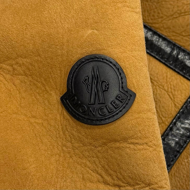 良品★MONCLER モンクレール レザーロゴワッペン ダウン切り替え ムートン ライダースジャケット ブラウン ブラック 1 正規品 レディース
