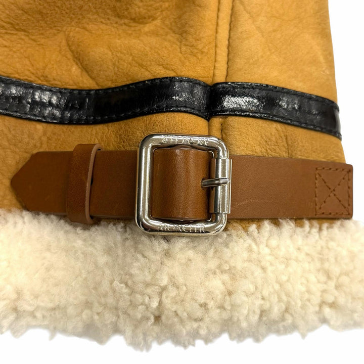 良品★MONCLER モンクレール レザーロゴワッペン ダウン切り替え ムートン ライダースジャケット ブラウン ブラック 1 正規品 レディース