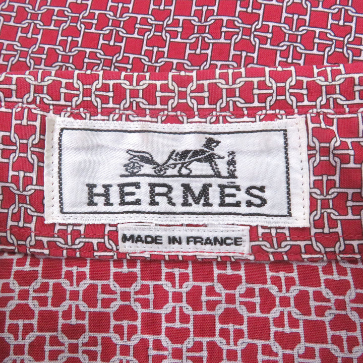 美品□HERMES エルメス コットン100％ シェーヌダンクル 総柄 袖口セリエボタン 長袖シャツ レッド 41 フランス製 正規品 メンズ
