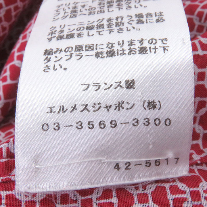 美品□HERMES エルメス コットン100％ シェーヌダンクル 総柄 袖口セリエボタン 長袖シャツ レッド 41 フランス製 正規品 メンズ